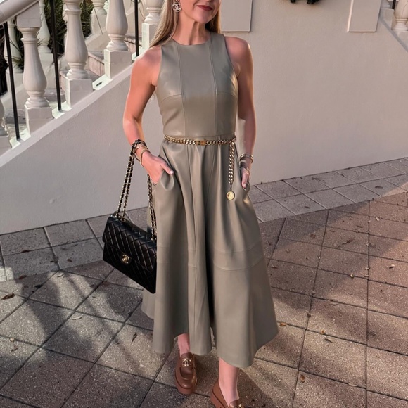 NEW Alexis England A-Line Faux-Leather Midi Dress - Sage Green Cocktail Party NEW Alexis England A-Line Faux-Leather Midi Dress - Sage Green Cocktail Party